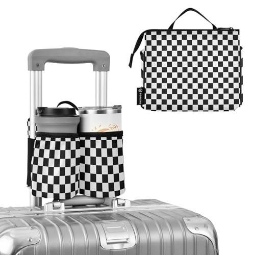 Image of Luggage Cup Holder for Suitcases Free Hands Suitcase Cup Holder Travel Luggage Drink Holder Portable Luggage Cup Caddy Bag Carrier with Handle Checkered Black and White