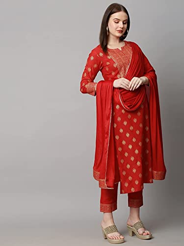 Image of GoSriKi Women's Cotton Blend Printed Straight Kurta with Pant & Dupatta