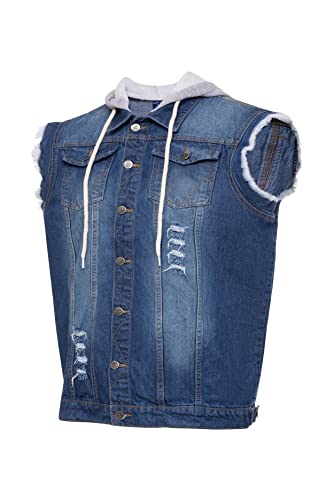 Skylinewears Men's Hooded Denim Biker Vest Classic Sleeveless Trucker Jacket with Stretchy Distressed Jean & Comfort Hood