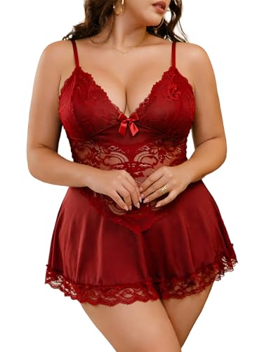 Image of Alrovetoney Women Plus Size Babydoll Lingerie Lace Chemise Mesh Sleepwear Strappy Sexy Nightgown Boudoir Outfit L-4XL