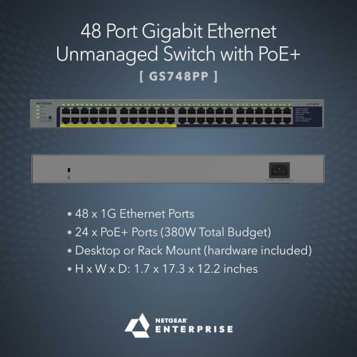 Image of NETGEAR 48-Port Gigabit Ethernet Unmanaged PoE+ Switch - with 24 x PoE+ @ 380W, Dynamic PoE, 96 Gbps, Rackmount or Desktop (GS748PP)