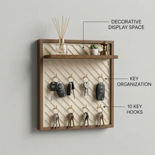 Image of Home Sparkle Wall Mounted Key Holder for Home Entrance with Shelf | Premium MDF Wood Organizer with Paint Finish | Modern Key Hanger Rack with 8 Hooks for Keys & Daily Essentials |Walnut & Ivory White