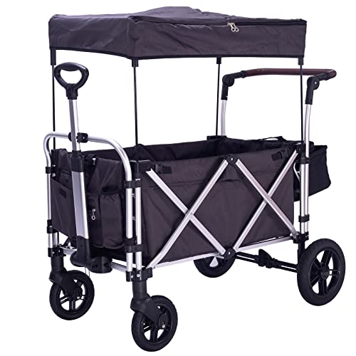 Image of Stroller Wagon for 2 Kids, Wagon Cart Featuring 2 Seat with 5-Point Harnesses and Adjustable Canopy, Foldable Push-Pull Rod Wagon Stroller for Garden, Stroller, Camping, Grocery Cart (Black)