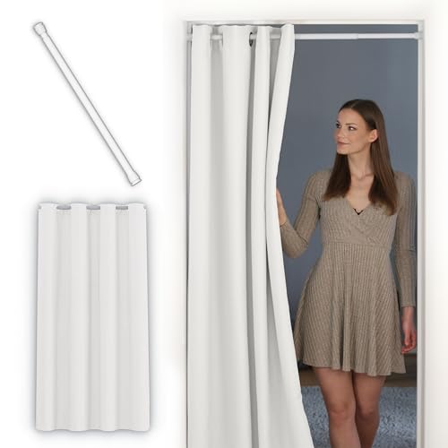tinycurtains, Thermo Türvorhang mit Teleskopstange, einfache Montage in nur 1 Minute ohne Bohren (Türgardine weiß H195 x B150 cm + Stange weiß B55-90 cm)