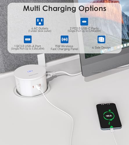 ANNQUAN 4.75" Pop Up Outlet with 65W USB-C,15W Wireless Charger,4 Outlets,3 USB Ports,Pop Up Countertop Receptacle Outlet for Home Office Kitchen - Image 4