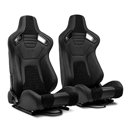 ModifyStreet Pair of All Black PVC w/Suede Snake Pattern & Rear Carbon Fiber Style leather Reclinable Racing Seats W/Silders