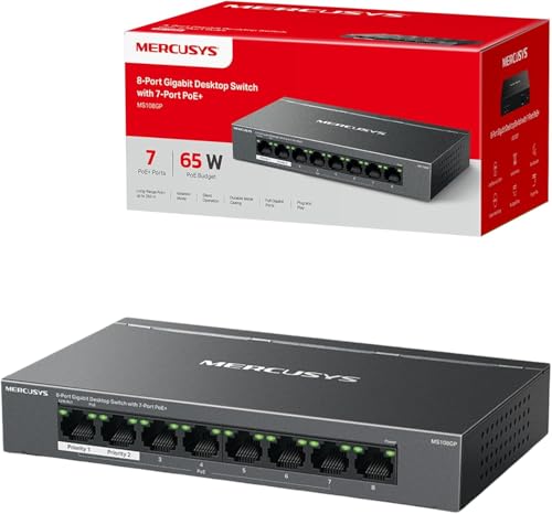 MERCUSYS MS108GP 8-Port Gigabit Desktop PoE Switch with 7-Port PoE+ 250m Long Range Ethernet Splitter Extender Compatible with 802.3af/at PDs up to 65W Power Management Isolation Mode Metal Case