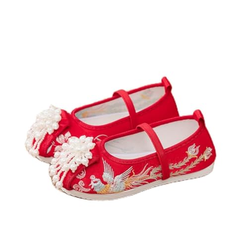 Hcclijo Children Pearl Shoes Floral Flats Ancient Round Toe Kids Elastic Band Traditional Hanfu Oriental Embroidery