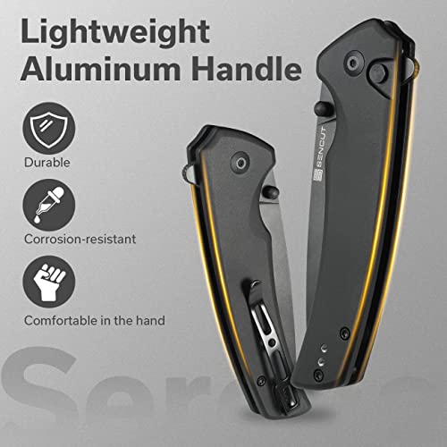 SENCUT Button Lock Pocket Knife for EDC, Serene Folding Knife, Thumb Stud & Flipper Opener, Aluminum Handle with 3.48" D2 Black Stonewashed Blade for Outdoor, Camping, Hunting S21022B-1 (Black)