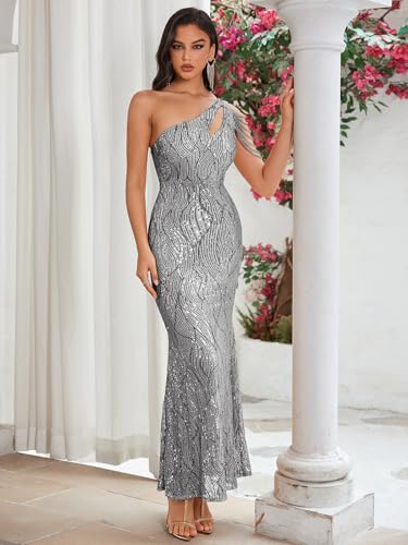 Image of Women One Shoulder 1920s Plus Size Formal Dress Tassels Sleeve Sequins Gatsby Maxi Evening Gown