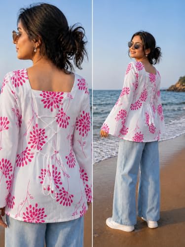 Image of SONISHA Women's Rayon Floral Print Short Kurti for Women Elegance Square Neck, Long Sleeves with Style Criss Cross Back Kurti, Top for Office Wear, Casual, Outdoor