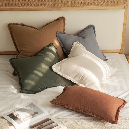 Image of MIULEE Decorative Lumbar Throw Pillow Covers Neutral Linen Fringe Throw Pillows Set of 2 Olive Green Boho Farmhouse Cushion Covers for Couch Sofa Bed Living Room Spring Home Decor 12x20 Inch