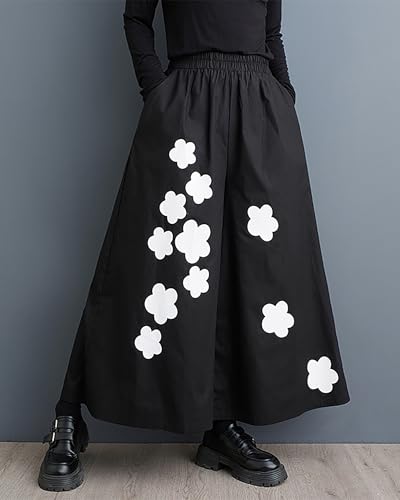 ellazhu Women's Pants Elastic Waist Pocket Wide Leg Flowy Hem Black Pattern Baggy Loose GZ3292