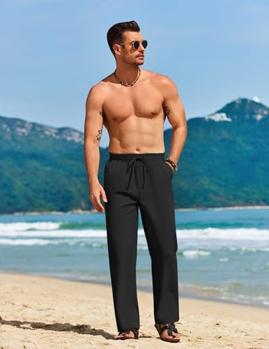 COOFANDY Men's Casual Linen Pants Loose Fit Elastic Waist Drawstring Lightweight Pant Summer Beach Trousers3