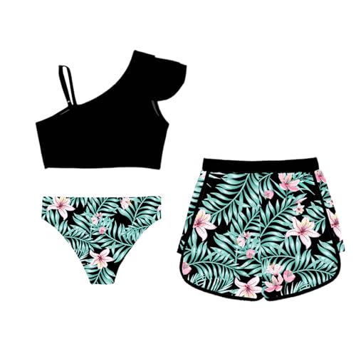 Girls Tankini Sets One Straps Ruffles Bikini Crop Top with Brief Hawaii Shorts Bathing Suits4