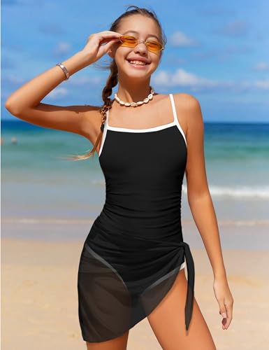 WIQI Girls Swimsuit One Piece Bathing Suit Color Contrast Trim Girls' Swimwear with Cover Up Skirt Size 9-163