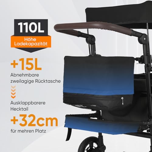 Sekey Bollerwagen Faltbar mit Dach 2 Kinder 100KG, Faltbarer Bollerwagen Handwagen Schiebegriff, Kinderwagen Stoßfest PU Räder mit Bremsen 110L, SS5050, Schwarz