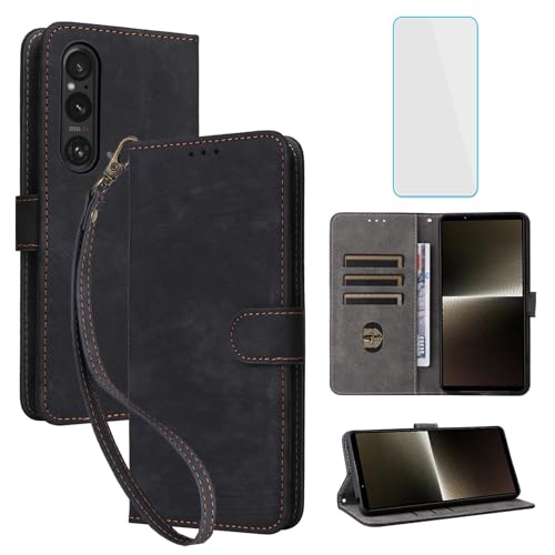 IUQXU for Sony Xperia 1 VI Wallet Phone Case with Screen Protector [RFID Blocking] Leather Flip Card Holder Kickstand Wrist Strap Women Men Cell Phone Case for Sony Xperia 1VI Xperia1 VI Black