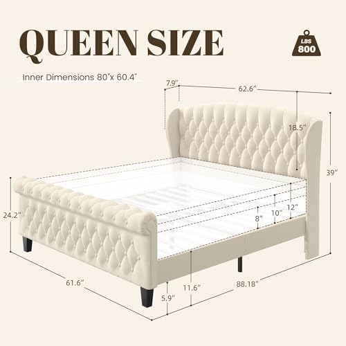HISOFT Queen Velvet Sleigh Bed Frame - No Box Spring Needed - Image 2