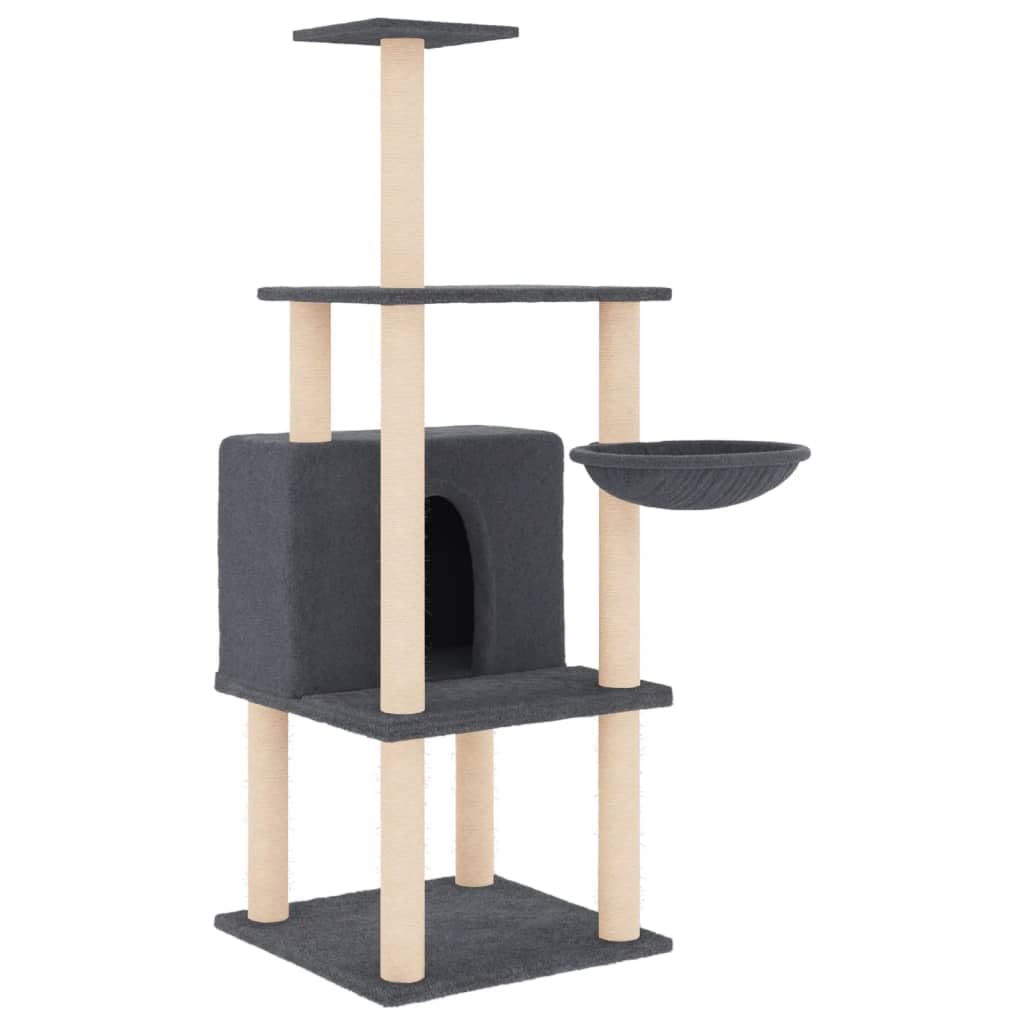 Rascador para gatos, 132 cm, color gris oscuro con troncos de sisal | Torre para gatos de varios pisos para el salón con cueva y cesta para el cuidado de las garras y la relajación.