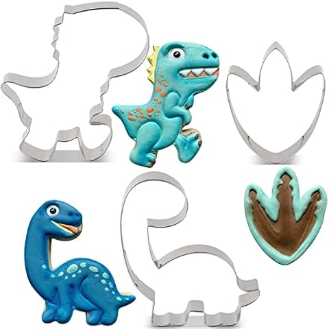 LILIAO Cute Dinosaur Cookie Cutter Set - 3 Piece - T-rex, Brontosaurus and Dinosaur Foot Biscuit Fondant Cutters - Stainless Steel Cover