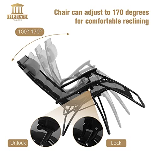 Hera's Palace Outdoor Folding Reclining Lawn Chair, Adjustable Zero Gravity Lounge Chair Xl With Pillow And Cup Holder For Indoor, Patio, Support 300Lbs (Gray & Black) #TOP4