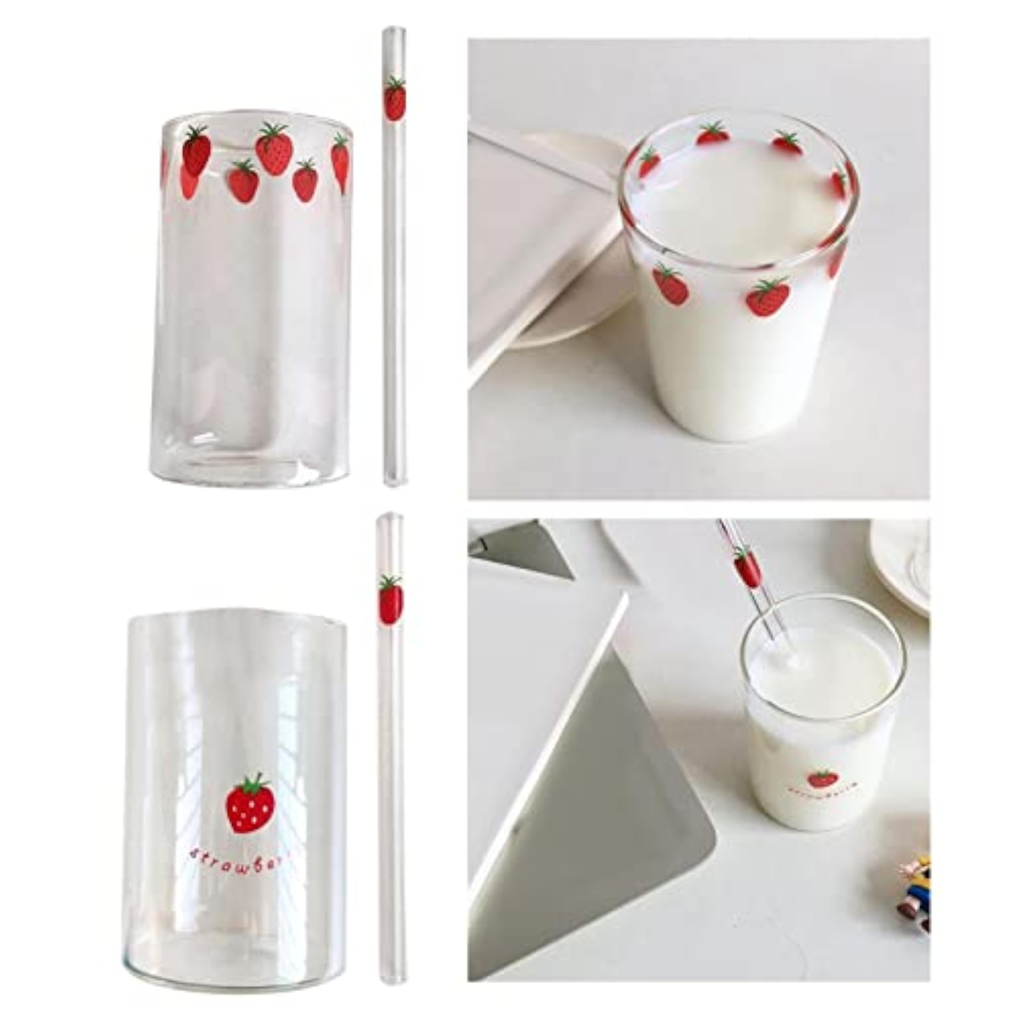 Strawberry Glass Cup with Straw, Transparent Drinking Cup