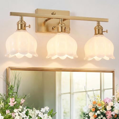 Image of 3-Light Vintage Bathroom Vanity Light, 19.4 inch Brass Hardwired Wall Sconce with Amber Tulip Glass Shades, Brushed Gold Vanity Light for Mirror, Restroom, Bedroom (White, 3-Light)
