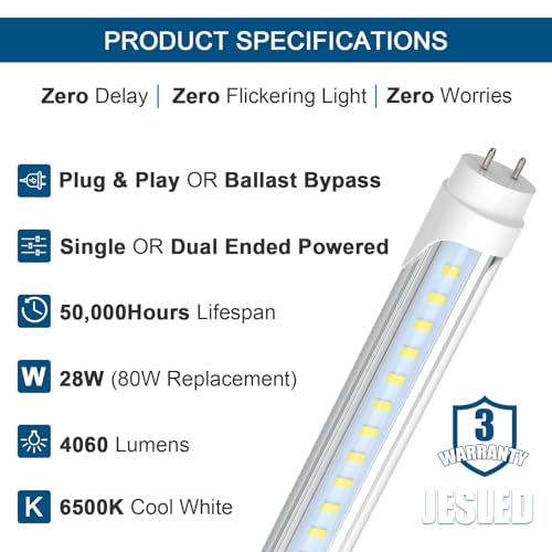 JESLED 4FT LED T8 Type A+B Tube Lights, 28W(80W Equivalent), 4060LM, 6500K, Single or Double End Powered, Plug and Play or Ballast Bypass, 4 Foot T10 T12 Fluorescent Bulbs Replacement, Clear(12-Pack)