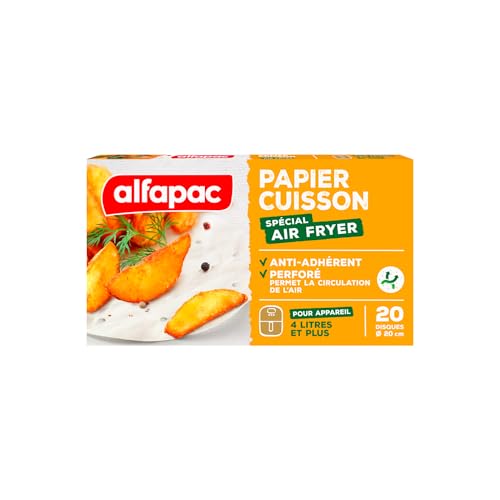 alfapac - Papier Cuisson pour Air Fryer - 20 disques perforés de diamètre 20cm - Circulation optimale de l’air, Blanc