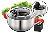 QUKERA Salatschleuder Edelstahl 3 in 1 Multifunktion 5L Volumen Schleuder mit Seilzug Gemüseschneider Gemüsehobel Deckel Schüssel Groß Ohne Plastik Kochen Backen Servieren Gesund Ernähren