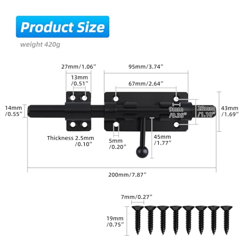 Image of Barrel Bolt Latch, 7.9 inch Heavy Duty Gate Latch Slide Lock Solid 304 Stainless Steel Bolt Lock for Inside Door, Finished Shed Door Latch (Black)