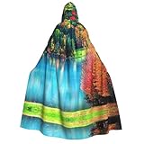 Tamaño universal: la colorida capa de estanque de árboles, lago, río, mide aproximadamente 59 pulgadas de largo y la capucha mide 15.7 pulgadas de largo, lo que es lo suficientemente espaciosa para una variedad de peinados o tocados. El diseño de lazo para el cuello garantiza que la capa siempre esté firmemente en los hombros