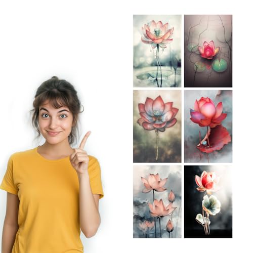 Image of SiddArtify Lotus Flower Wall Art Prints Set - Watercolor Floral Poster Decor for Living Room Bedroom Office - 8x12 Sticker Pack of 6