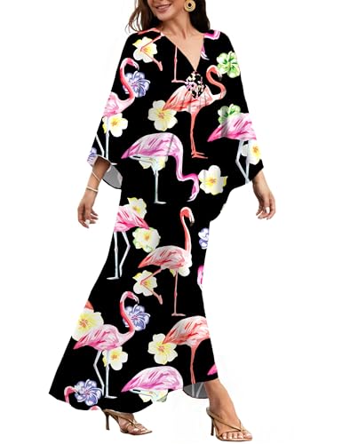 MAKABO Moo Moos Kaftan Black Flamingo Dresses for Women V Neck Bathing Suit Cover up Caftan Maxi Beach Dresses