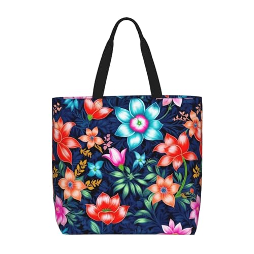 Floral Blue Print Tote Bags, Large Capacity Zipper Shoulder Bag, For Shopping, Work, Daily
