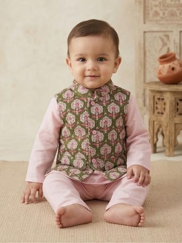 Image of Pspeaches Boys Cotton Full Sleeves Mandarin Collar Solid Kurta & Pyjamas With Dobby Jacket 3 Piece Set|Ethnic Wear For Cute Baby Boys|Traditional & Festive Outfit