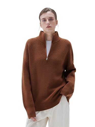 Image of SUUKSESS Women Cashmere Blend Oversized Quarter Zip Pullover Sweater Long Sleeve Collared Ribbed Knit Jumper Tops