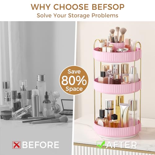 Image of 360 Rotating Makeup Organizer, Upgraded 3 Tier Skincare Perfume Organizers for Women, Bathroom Organizer Countertop, Clear Cosmetic Dresser Organizer with Makeup Brush Holder, Sink&Counter(Pink)