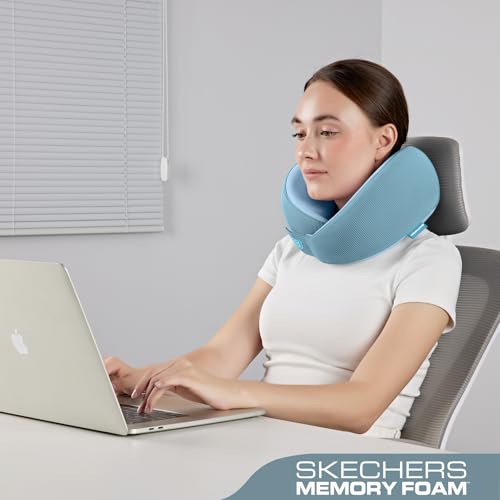 Image of Skechers Women's Memory Foam Neck Pillow, Comfortable & Breathable Travel Pillow,Neck Pillow Airplane for Travel, Car Rides, Home, and Office Use, Ergonomic Design for Men and Women,Light Blue