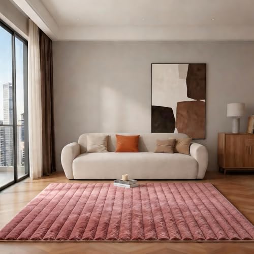 Dusty Rose Rabbit Striped Plush Rug 5'x8', Fluffy Shaggy Area Rug...
