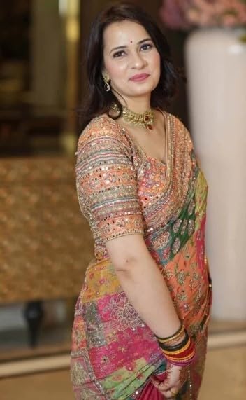 Image of Women's Chinon Silk Saree with Printed Design, Mirror Work & Zari Woven Detailing | Ethnic Wear Saree with Unstitched Blouse Piece | Traditional Festive & WeddingWear