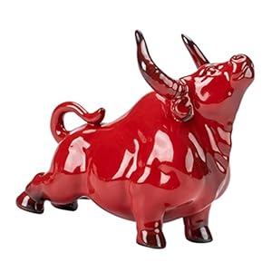 Wakauto Chinese Zodiac Ox Figurine Ceramic Fortune Bull Feng Shui Collectible Figurine Chinese Wealth Table Decoration (Red)