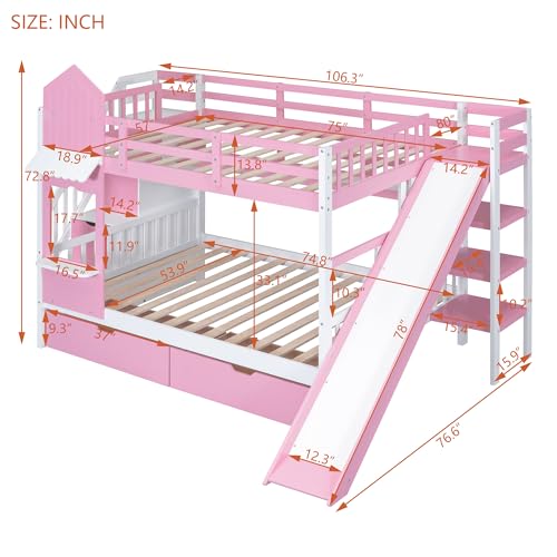 Urunqi Full-Over-Full Castle Style Bunk Bed with 2 Drawers and 3 Shelves, Wooden Bed Frame with Safety Guardrail and Storage Staircase, House Bed with Slide (Pink-066)