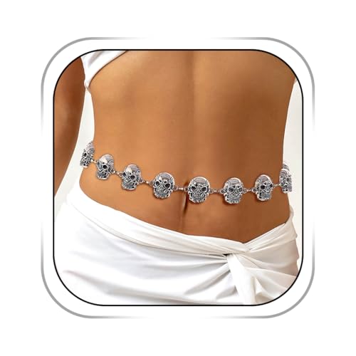 Abien Womens Skull Belly Chain Silver Halloween Belt Chain Punk Skull Waist Chain Gothic Chain Belt for Outfit Jeans Dress