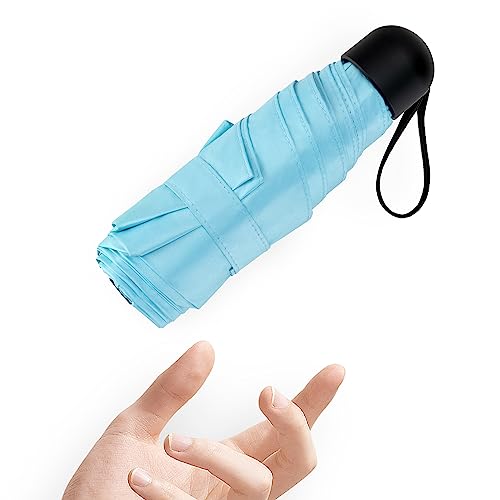 Mini Klein Regenschirm Taschenschirm Mit 6 Rippen, 260T Stoff & Aluminium Schirmständer, Regenschirm kompakt Faltbar Leicht Im Freien UV Schutz Regenschirme für Damen und Kinder Reise Blau Umbrella