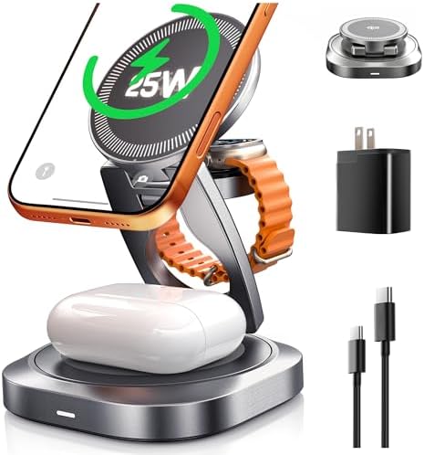 Qi2.2 25W 3-in-1 Wireless Charger for iPhone 17/16 Series, Foldable Wireless Charging Station Compatible with MagSafe, 360° Swivel Zinc Alloy Base for Apple Watch & AirPods (45W Adapter Included)