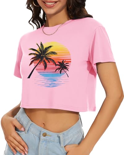 Image of Womens Summer Crop Tops Short Sleeve Round Neck T-Shirts Loose Fit Casual Blouse 2026