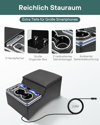CEMOFE Mittelkonsole Auto mit Ablagen Staufach, Upgrade Mittelkonsole Organizer Auto mit 7 Farben LED-Leuchten und 4 Helligkeitsstufen Einstellbar, Universal Mittelkonsole Box für LKW & Transporter