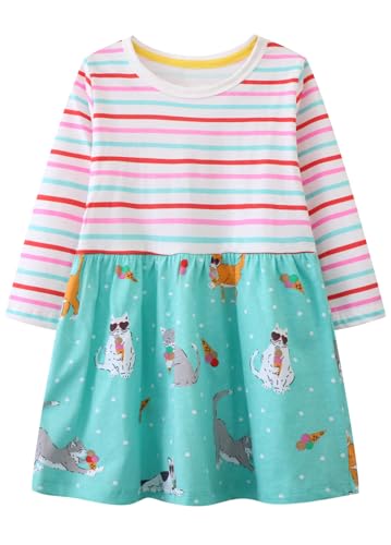 Hongshilian Girls Cartoon Dress Applique Party Dresses Casual Jersey Cotton Long-Sleeved(6T,Striped&cat)